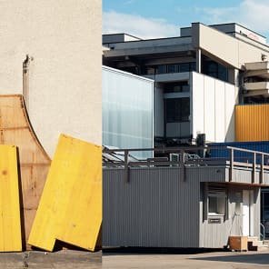 2 hairdryers on stands, pointing at white table top, Exploring Research-driven Building Design in black font to upper left, left edge purple banner