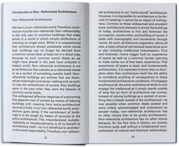 Non-Referential Architecture Ideated by Valerio Olgiati in white font on pale blue cover