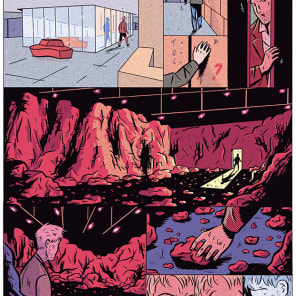 Staggered brick pattern wall, 3 red circles, green shape with 3 humps to bottom, LEVER DE RIDEAU in red bubble font above, top of text sliced off