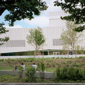 Staggered brick pattern wall, 3 red circles, green shape with 3 humps to bottom, LEVER DE RIDEAU in red bubble font above, top of text sliced off