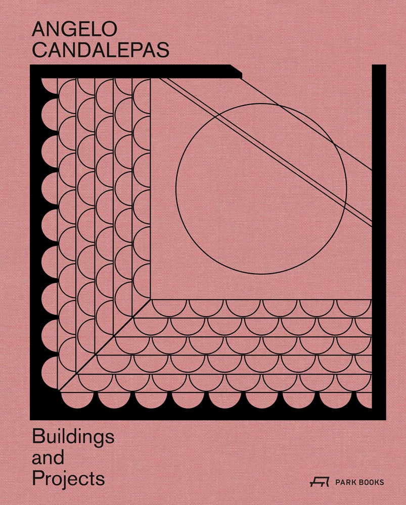 Salmon pink cover with black scale patterns and circle, Angelo Candalepas Buildings and Project in black font above and below.