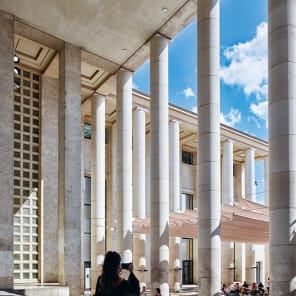 Tall columns of Paris Museum of Modern Art, on white cover, Modern Modern in embossed font below