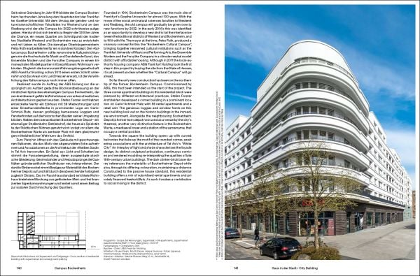 Side façade of residential complex with roof terraces and balconies, Stefan Forster Architekten in white font to upper left.