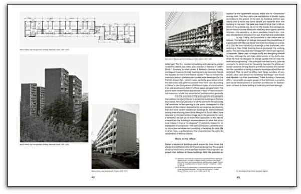 Exterior of brutalist style building, Diener & Diener Architects Housing in white and pale blue font above.