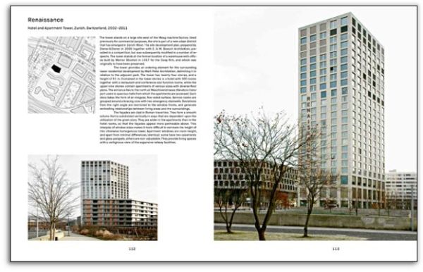 Exterior of brutalist style building, Diener & Diener Architects Housing in white and pale blue font above.