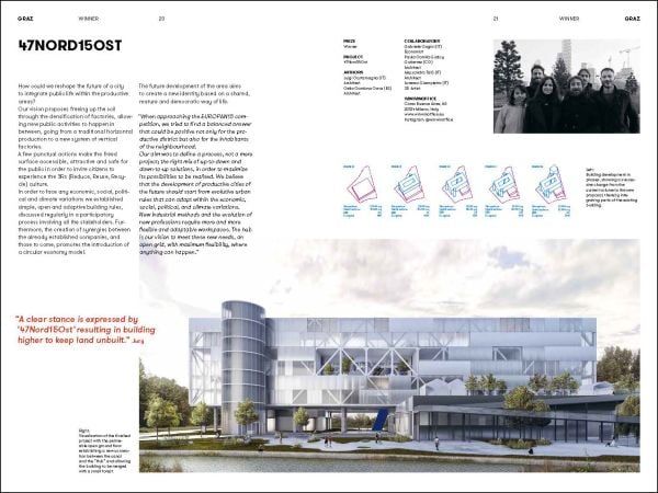 EUROPAN 15 AUSTRIA in dark red font to upper left of red cover, PRODUCTIVE CITIES 2 in white font to lower right.