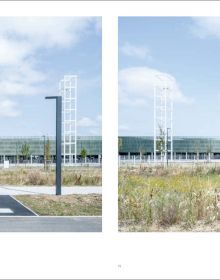 Landscape shot of exterior of Toulouse Exhibition and Convention Center, on grey cover, OMA – Toulouse Exhibition and Convention Center in black and grey font below.