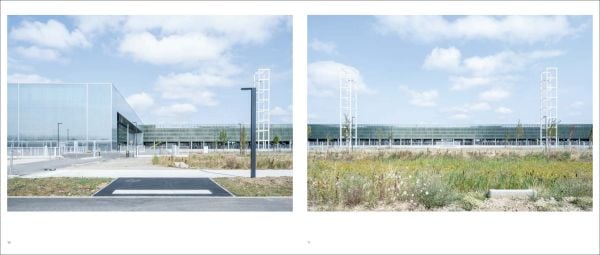 Landscape shot of exterior of Toulouse Exhibition and Convention Center, on grey cover, OMA – Toulouse Exhibition and Convention Center in black and grey font below.