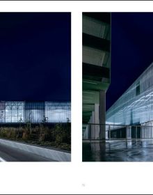 Landscape shot of exterior of Toulouse Exhibition and Convention Center, on grey cover, OMA – Toulouse Exhibition and Convention Center in black and grey font below.