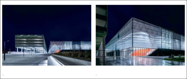 Landscape shot of exterior of Toulouse Exhibition and Convention Center, on grey cover, OMA – Toulouse Exhibition and Convention Center in black and grey font below.