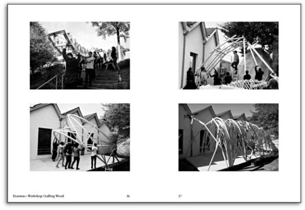 Book cover of Model Workshop Building as a Common Process, with a craftsman working on building structure. Published by Park Books.