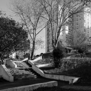 Black and white image of white high rise building complex surrounded by large trees with Hidden in Plain Sight in light orange font