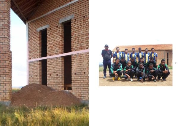 Book cover of A Home for Advan FC: Handbook for a Madagascan Building with Global Adaptability, with a brick building surrounded by grass, and seven footballers below. Published by Park Books.