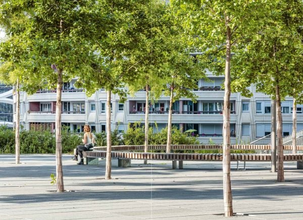 Colour photo of 32-storey high-rise Trinity tower with glass exterior shining in sunlight and Cro&Co in small white font below