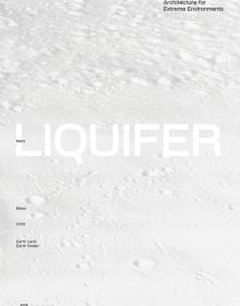 White book cover of LIQUIFER. Living Beyond Earth, Architecture for Extreme Environments, with snow-like texture. Published by Park Books.