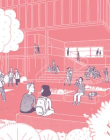 Book cover of ABC, Manuel de pratiques vertueuses pour penser et construire les écoles du futur, with a school building with students. Published by Park Books.