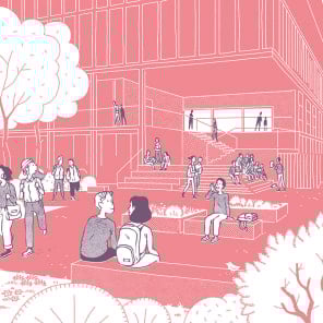 Book cover of ABC, Manuel de pratiques vertueuses pour penser et construire les écoles du futur, with a school building with students. Published by Park Books.