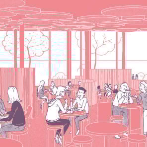 Book cover of ABC, Manuel de pratiques vertueuses pour penser et construire les écoles du futur, with a school building with students. Published by Park Books.