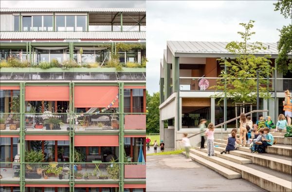 Book cover of Esch Sintzel Architekten: Buildings and Projects, featuring a freight train with highrise buildings behind. Published by Park Books.