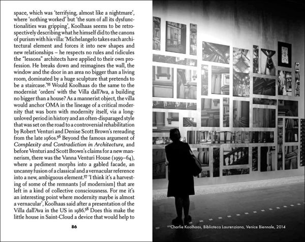 Book cover of The House of Doctor Koolhaas, with a giraffe standing next to a two-story building, and the Eifel Tower behind. Published by Park Books.