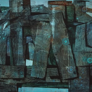 Abstract painting of world globe in pale gold and cream on dark blue background with Luigi Pericle. Ad Astra in whtie font