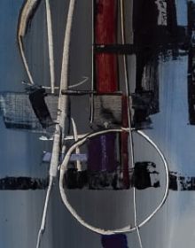 Abstract painting of world globe in pale gold and cream on dark blue background with Luigi Pericle. Ad Astra in whtie font
