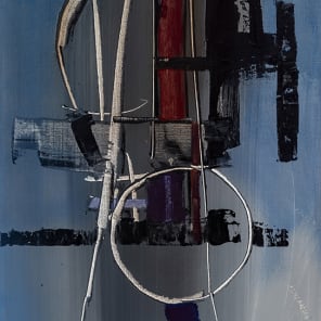 Abstract painting of world globe in pale gold and cream on dark blue background with Luigi Pericle. Ad Astra in whtie font