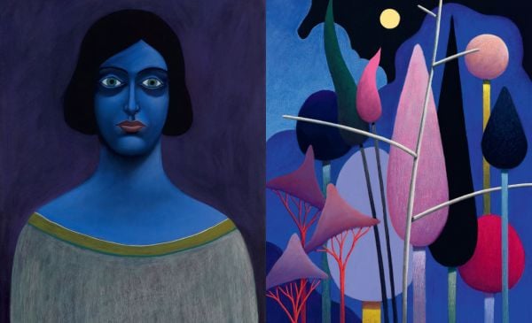 Portrait painting of nude female from neck to knee with cream marble textured border and Nicolas Party – Rovine in black font