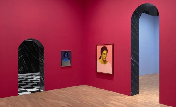 Portrait painting of nude female from neck to knee with cream marble textured border and Nicolas Party – Rovine in black font