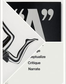 Black and white image of folded envelope booklet with legs in stripy tights to left and obscured capital A with speech marks