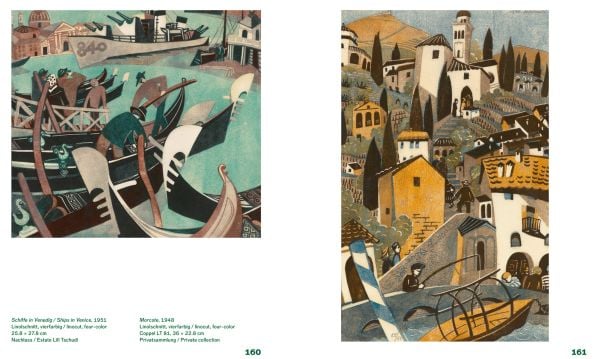 Bold red, black, and white linocut print of street party with bunting and union jack flags with Lill Tschudi in black font on left border