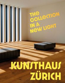 Two low black seats on pine flooring with shafts of light bursting through museum window slats with The Collection in a New Light Kunsthaus Zürich in bright yellow font