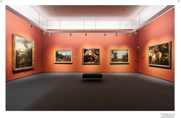 Two low black seats on pine flooring with shafts of light bursting through museum window slats with The Collection in a New Light Kunsthaus Zürich in bright yellow font