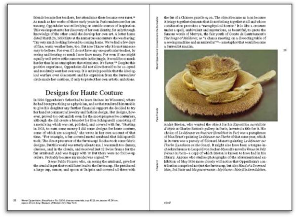 Book cover of Simon Baur Meret Oppenheim Enigmas A Journey Through Life and Work, with the artist and photographer smiling, in front of sculpture. Published Scheidegger & Spiess.