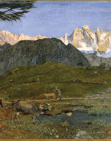 Book cover of Giovanni Segantini. La Vita – La Natura – La Morte: Landmarks of Swiss Art, featuring three landscape paintings. Published by Scheidegger & Spiess.