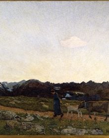 Book cover of Giovanni Segantini. La Vita – La Natura – La Morte: Landmarks of Swiss Art, featuring three landscape paintings. Published by Scheidegger & Spiess.