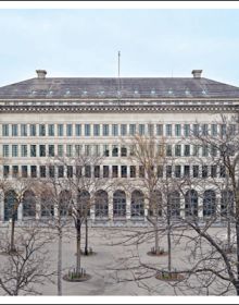 THE SWISS NATIONAL BANK IN ZURICH, in cream font to centre of dark grey cover, long necked birds holding ivy.