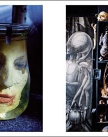 Photograph of H.R Giger pinned to wall, skull with black symbols, HR GIGER BY CAMILLE VIVIER, in black font on yellow banner to bottom right.