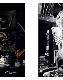 Photograph of H.R Giger pinned to wall, skull with black symbols, HR GIGER BY CAMILLE VIVIER, in black font on yellow banner to bottom right.