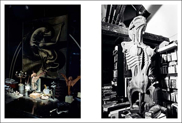 Book cover of HR Giger by Camille Vivier, with a photograph of H.R Giger pinned to wall, with a skull featuring black symbols. Published by Scheidegger & Spiess.