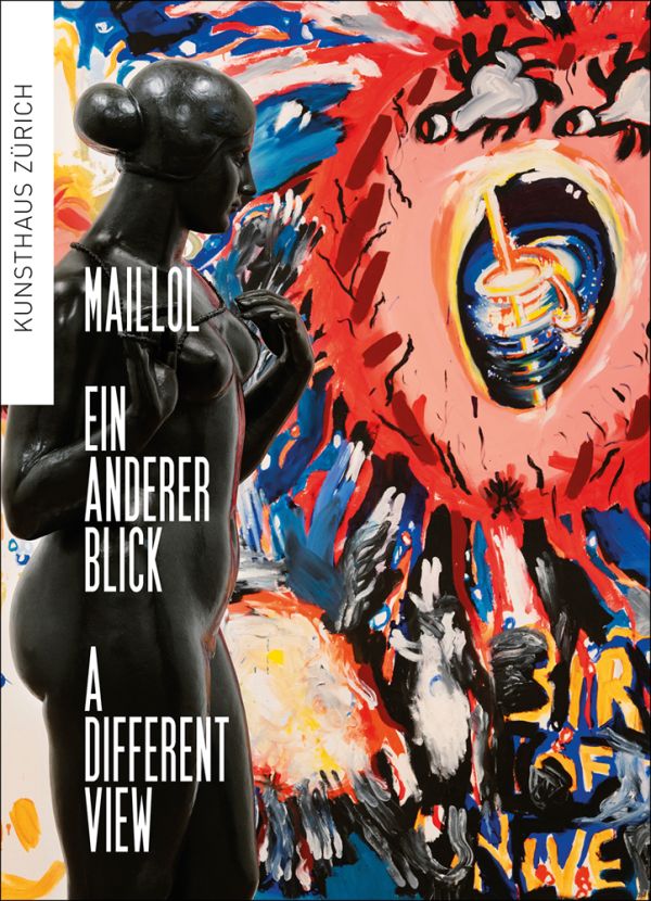 Book cover of Maillol – a Different View, featuring a bold abstract painting, with a black sculpture of female figure in foreground. Published by Scheidegger & Spiess.