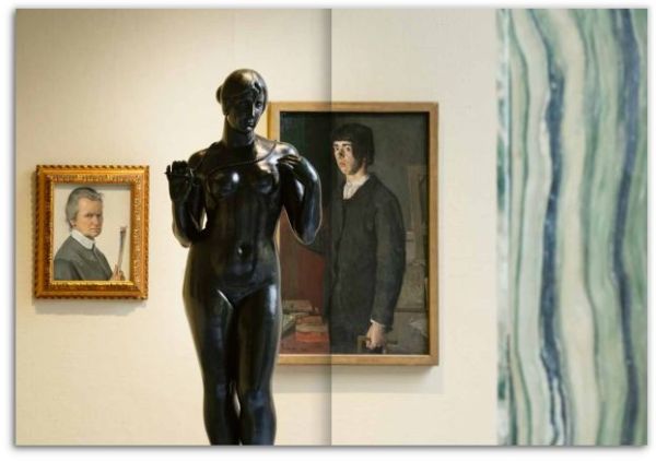 Book cover of Maillol – a Different View, featuring a bold abstract painting, with a black sculpture of female figure in foreground. Published by Scheidegger & Spiess.