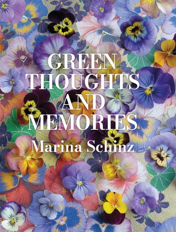 Book cover of Green Thoughts and Memories, with pansy and viola flowerheads on top of a floral cover. Published by Scheidegger & Spiess.