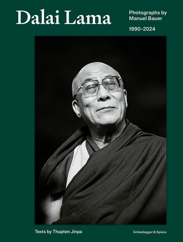 Book cover of Dalai Lama: Photographs by Manuel Bauer. 1990-2024: featuring a portrait of the head of Tibetan Buddhism. Published by Scheidegger & Spiess.