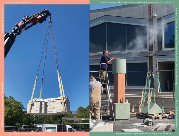 Book cover of Florian Graf: School Models, featuring a large stone sculpture of building. Published by Scheidegger & Spiess.