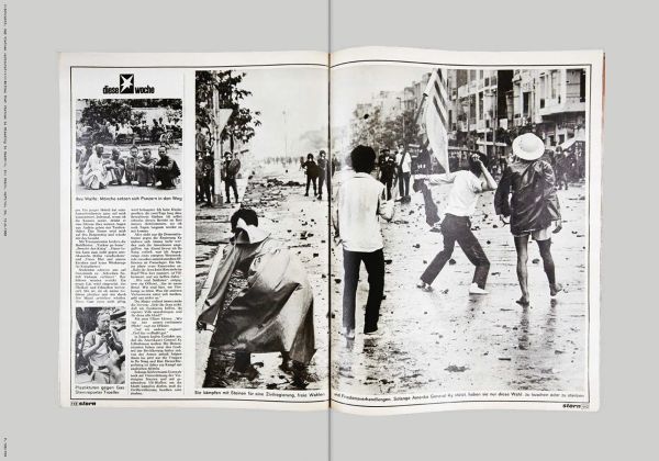 Book cover of Deffarge/Troeller: Stern Features and Films, featuring a montage of journalistic portraits. Published by Scheidegger & Spiess.