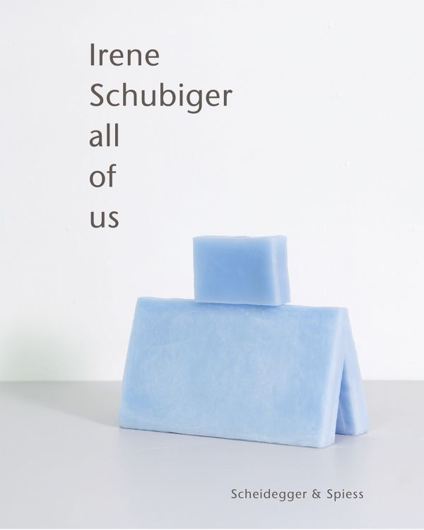 Book cover of Irene Schubiger:All of Us; featuring a two pale blue shapes; one on top of the other. Published by Scheidegger & Spiess.