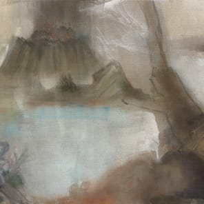 Book cover of Leiko Ikemura: The Sea in the Mountains; featuring a painting of mountains. Published by Scheidegger & Spiess.