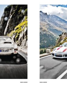 Two white Porsche models parked on mountain roadside, on grey cover of 'Cars & Curves, A Tribute to 70 Years of Porsche', by Delius Klasing.