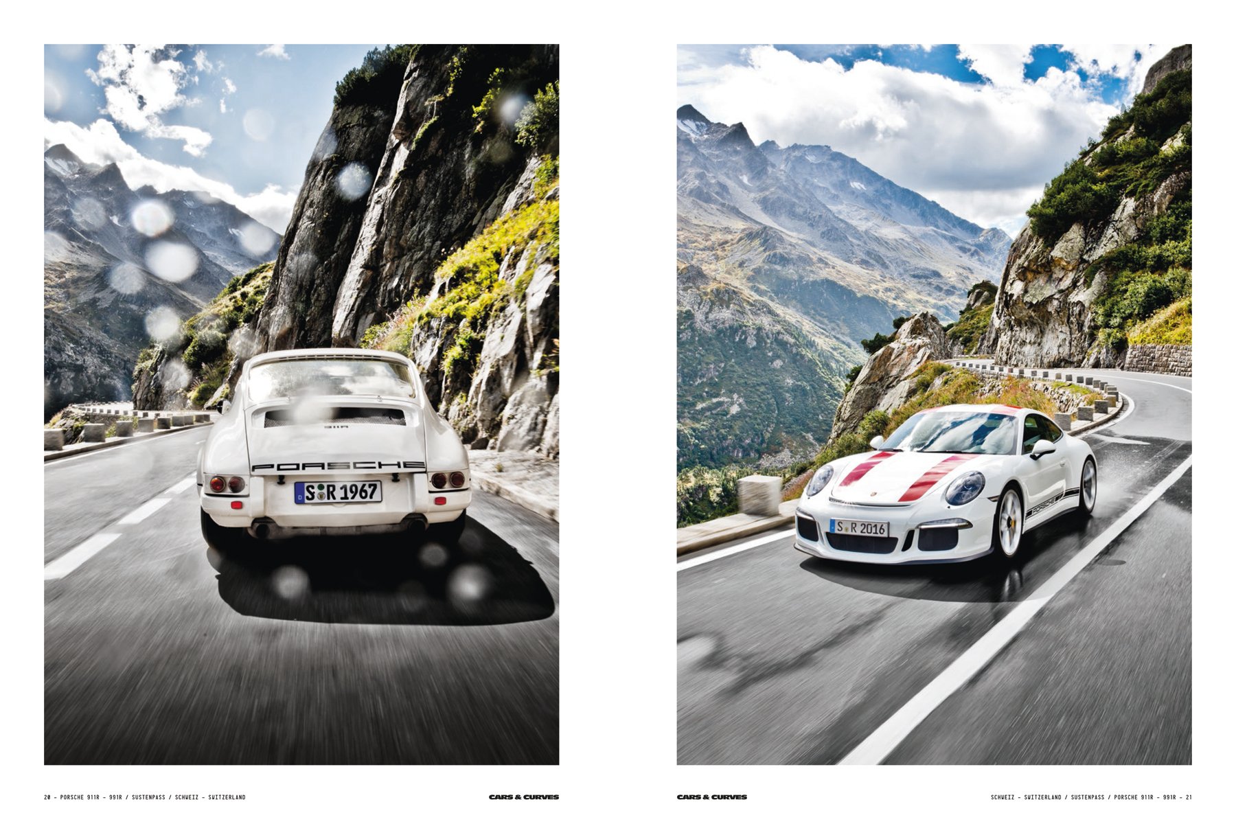 Two white Porsche models parked on mountain roadside, on grey cover of 'Cars & Curves, A Tribute to 70 Years of Porsche', by Delius Klasing.